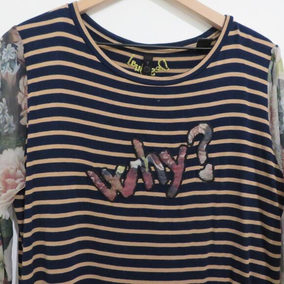 Desigual Womens Sz XXL Navy Tan Striped Floral Mesh Sleeve Top Mixed Fabrics - Picture 3 of 8